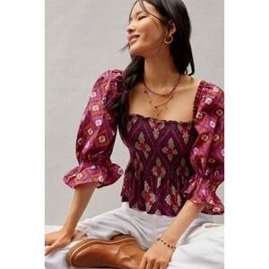 Anthropologie Conditions Apply Smocked Blouse Sz S Boho Puff Sleeve Cottagecore